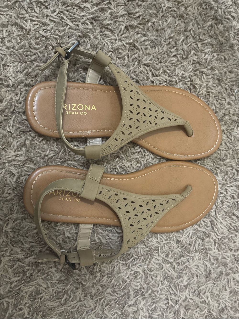 Arizona Jean Company Olive-Taupe Laser Cut T-Strap Sandals